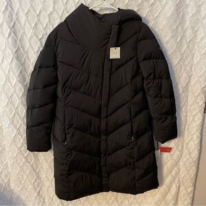 NWT Calvin Klein Black Knee Length Hooded Coat, Infinite Stretch, Sorona Arora